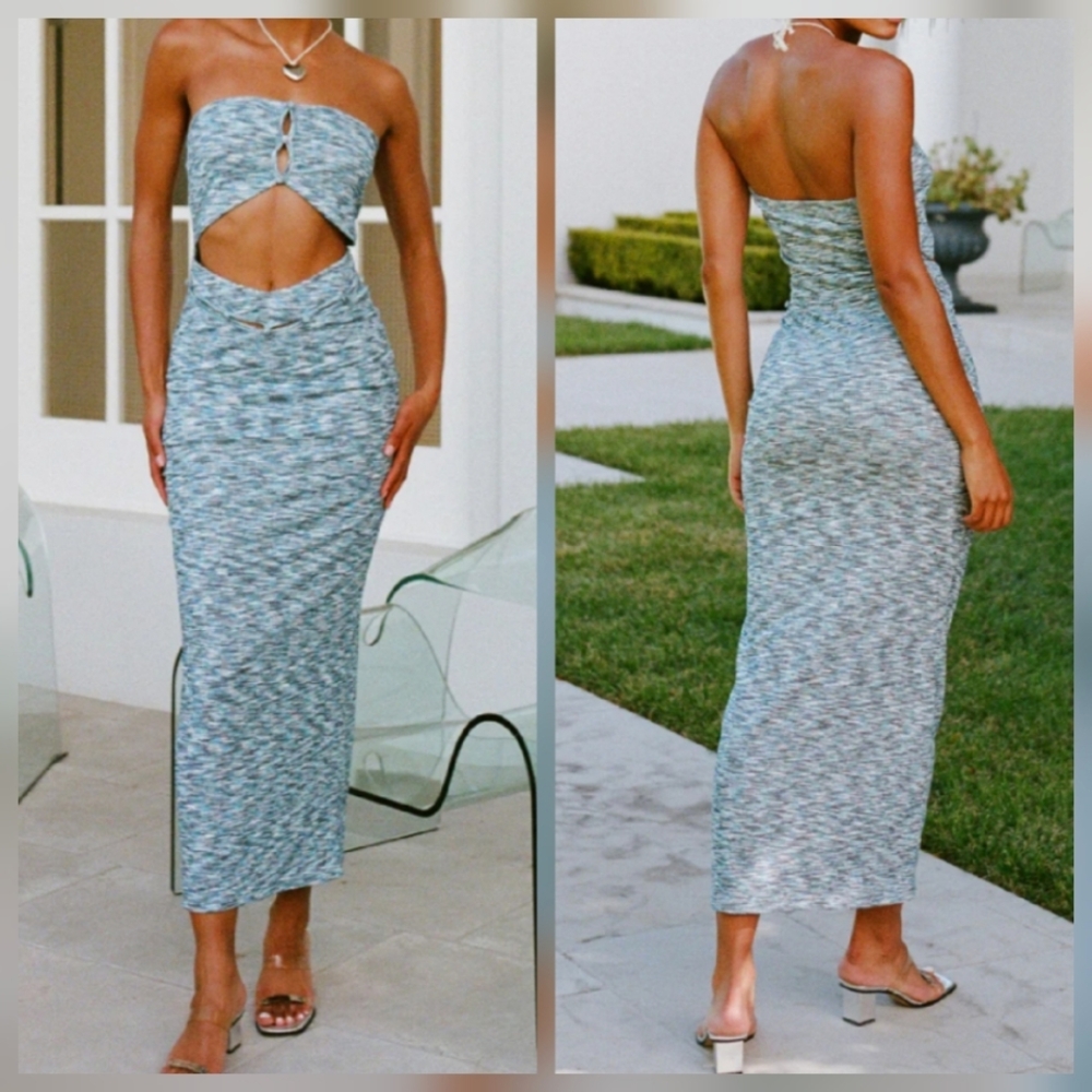 Sabo Sari Blue Spacedye Cutout Strapless Midi Dress